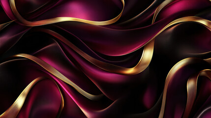 Obraz premium A luxurious digital artwork, deep velvet-like maroon and onyx black gradient background, enriched with sleek metallic golden ribbons curving gracefully