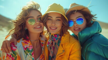 Three friends enjoying a sunny day at the beach wearing vibrant clothing and stylish sunglasses, highlighting summer fashion and joyful companionship under clear blue skies.friends