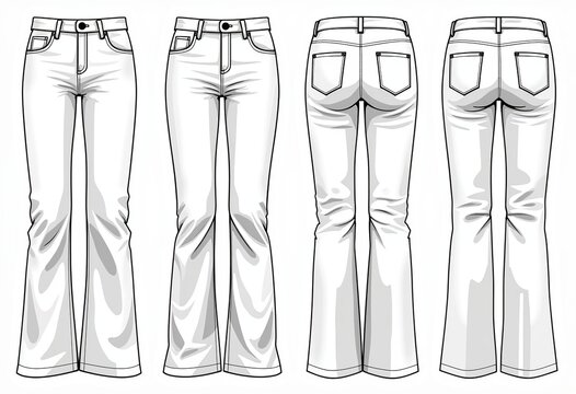 CAD Mockup: Unisex Wide Leg Jeans & Cargo Pants, High Waist, Pockets, Front & Back Technical Flat, Women's & Men's Fashion, White, Illustration, Tech Pack.


