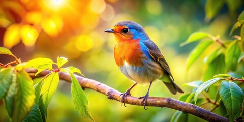 A miniature bird, a whimsical avian wildlife moment, captured in tilt-shift treetop photography.