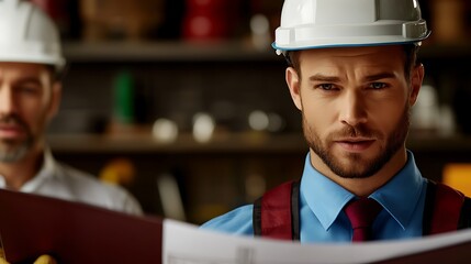 Two construction professionals reviewing blueprints in a workshop with tools and materials in the background