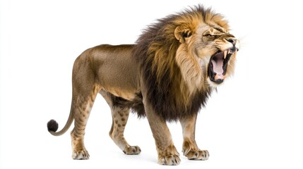 Obraz premium Roaring Lion with a Full Mane on White Background