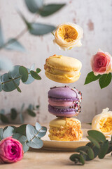 Macarons with tropical and currant flavor. In the frame there are elements of levitation, flowers and cakes. French dessert.