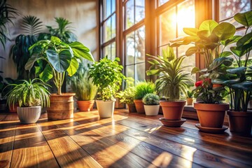 Fototapeta premium A sunlit wooden floor, cozy room, and vibrant potted plants create a warm, homey atmosphere, enhanced by soft bokeh.