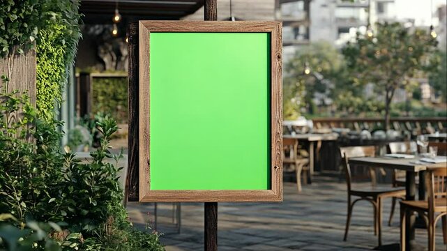 An empty green screen in a city square with benches and trees, ready for content creation