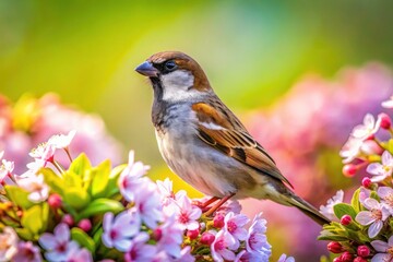A vibrant spring scene: a sparrow in bright sunlight, captured in a breathtaking panoramic wildlife photo.