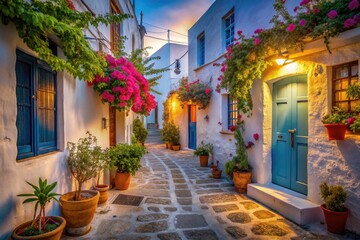 Obraz premium Amorgos Island: captivating low-light street photography, Greek charm.