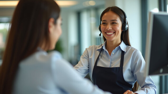 Representante de servicio al cliente hispano atendiendo a un cliente