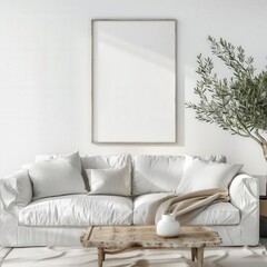 Minimalist living room interior with a white sofa. wooden coffee table. and a blank frame on the wall (1)