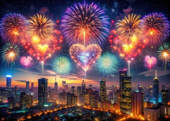 Fototapeta premium Surreal city skyline ablaze with heart-shaped fireworks, a dreamy explosion of light.
