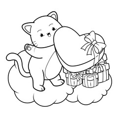 Valentine Day Coloring Page with cute cat