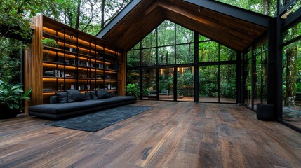 Obraz premium Tranquil jungle library, modern design, forest view, relaxation