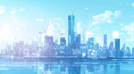 Digital Cityscape with Reflections in Water