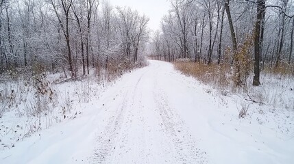 Obraz premium Snowy forest path, winter landscape, tranquil scene, nature photography, ideal for travel brochures