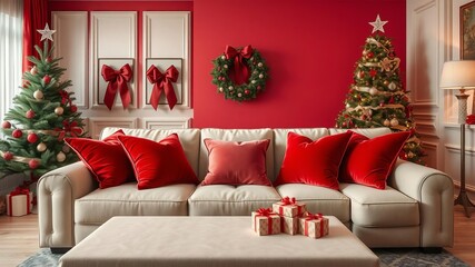 Luxury living room interior with chic Christmas tree, gifts, and pillows in red shades, beige sofa, classic decor, pillows, living room, home