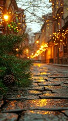 Fototapeta premium Magical Winter Street Christmas Lights Snowy Cobblestone Path