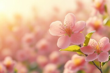 Fototapeta premium Delicate Pink Flower Blossoms Bathed In Soft Sunlight Against A Lush Nature Background