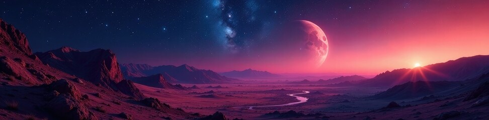 Mars landscape with abstract stars in the sky, earthly landscape, outer space, night