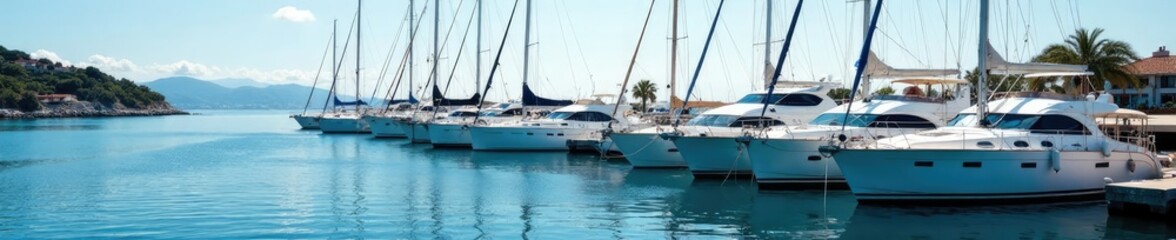 Marina yachts moored at the dock with sails lowered, dock, water