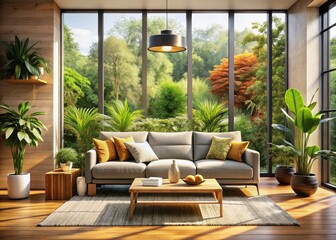 Fototapeta premium Cozy, modern living room features a stylish sofa and captivating landscape photography.