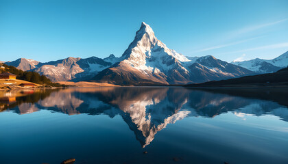 Vertical shot of a lake reflecting the Matterhorn mountain peak in Swiss, graphic novel art. isolated with white shades