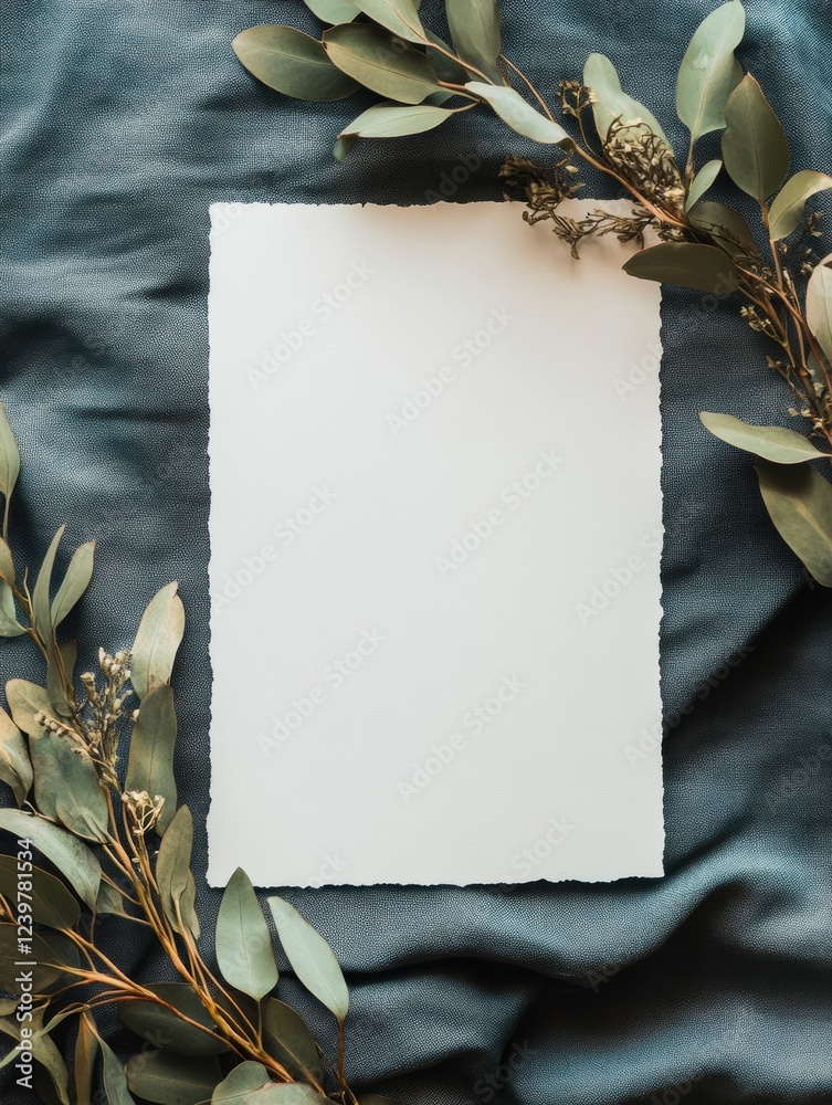Poster blank paper surrounded by green leaves on a textured fabric backdrop for creative projects or invita