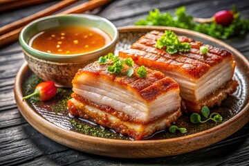 Crispy pork belly and seafood mingle in a fantastical dip, a surreal culinary dream captured.