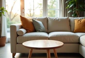 Living Room Detail: Side Table Close-up, Light Beige Cozy Sofa, Natural Sunlight Filtering, Interior Scene, Warm Home Setting, Comfortable Atmosphere, Side Table Focus, Relaxing Decor.
