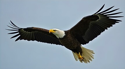 Naklejka premium Majestic Bald Eagle in Flight Soaring Through a Clear Sky Stunning Wildlife Photography Nature Image Bird of Prey Powerful Wings Wild Animal Image