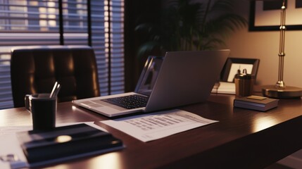Evening Office Ambiance: Laptop on a Dark Wood Desk