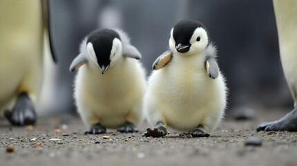 Adorable Fluffy Emperor Penguin Chicks Waddling Together in Antarctica Close Up Photo: Wildlife Photography, Cute Baby Birds, Nature Scene, Animal Portrait