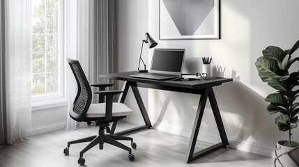Modern Minimalist Office with Black Desk and Ergonomic Chair. AI Generated Images

