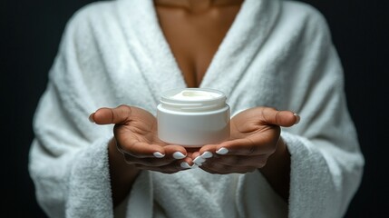 Hands of a black woman with a perfect white manicure, holding a jar of cream and wearing a bathrobe. This image represents the concept of skin care and beauty.