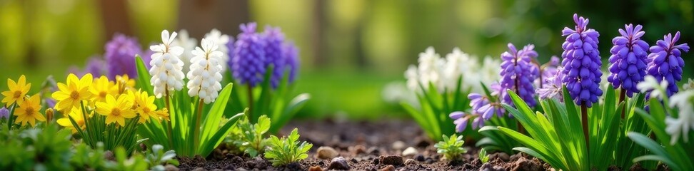 Obraz premium Spring garden with blooming flowers and greenery, hyacinth, snowdrops, garden