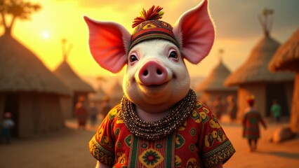 A pig in a colorful African dashiki, with matching beadwork and head wrap, radiates cultural pride. Set against a vibrant village backdrop, the scene celebrates African heritage and joy.