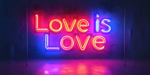 Love is Love Neon Sign: A vibrant neon sign illuminates with the powerful message "Love is Love," radiating with a rainbow of colors, against a modern background symbolizing acceptance and unity. 