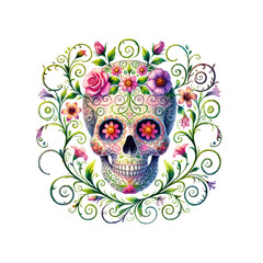 A vibrant, decorative skull adorned with colorful flowers and intricate patterns, embodying a...