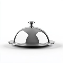 Obraz premium Shiny silver dome food cover on a white background.
