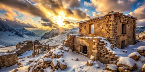 Deep winter blankets a Middle Eastern ruin; shallow depth of field isolates the desolate house.