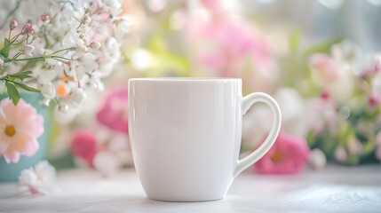 Fototapeta premium Elegant white coffee cup surrounded by flowers in pastel colors