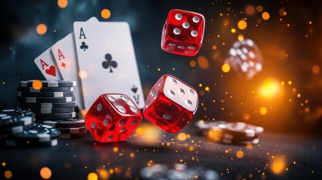 A deck of cards and three red dice are scattered on a table