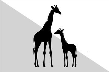 Elegant Mother and Baby Giraffe Silhouette Art.