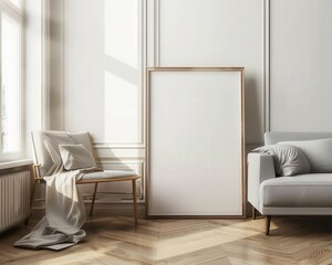 Minimalist living room interior with a large empty frame. gray sofa. armchair. and wooden floor