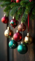 Colorful Christmas glass ornaments hang from a tree branch on a wooden wall, Ornaments, Wooden furniture