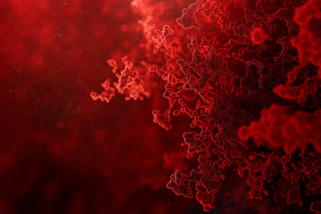 Microscopic Redscape: A captivating microscopic view reveals an intricate network of organic structures, awash in vibrant shades of red and illuminated by soft, diffused light.