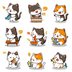 Fototapeta premium Playful cat enjoying fish feast in adorable sticker set