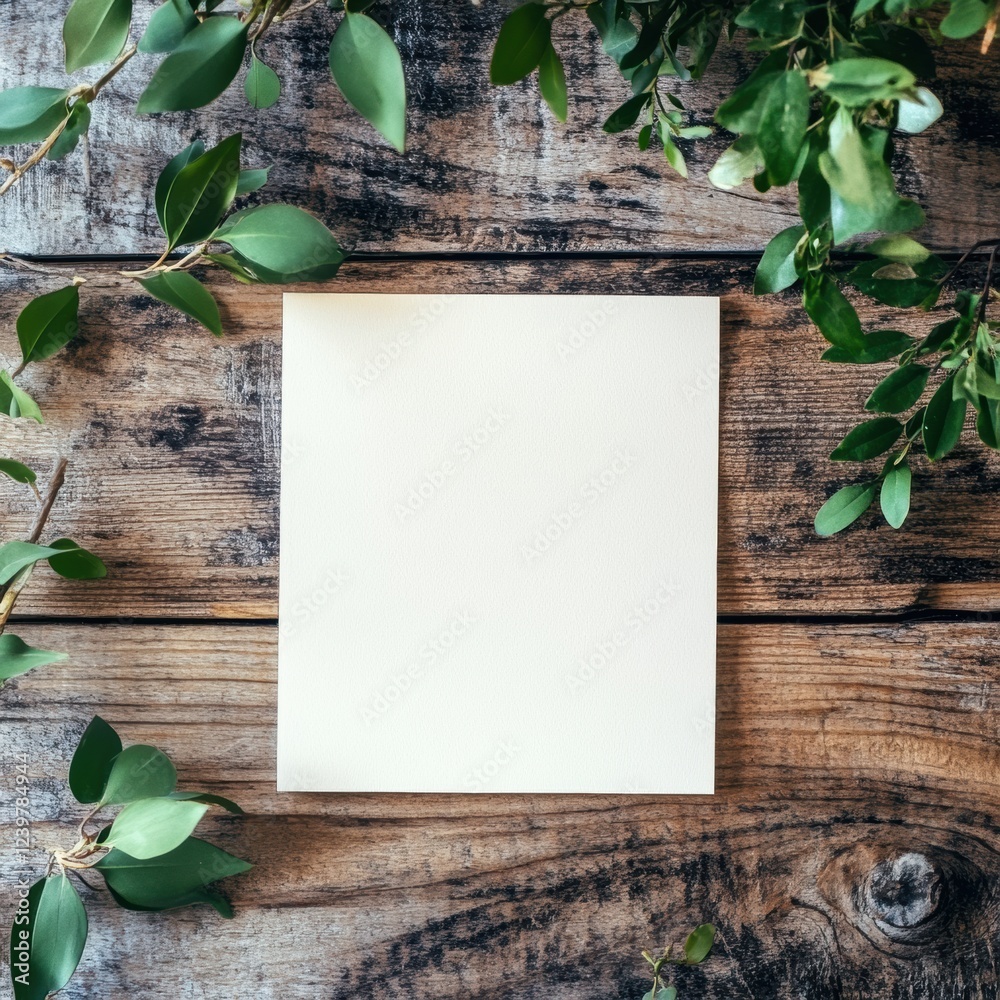 Aufkleber Blank canvas surrounded by greenery on rustic wooden surface in a creative workspace. Generative AI