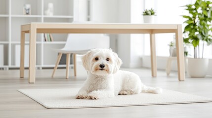 Fluffy white dog relaxing on rug in modern home office
