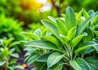 Fototapeta premium Sage Plant in Garden: A close-up shot of a vibrant sage plant, its velvety green leaves bathed in soft, warm sunlight, showcasing the plant's intricate detail and the promise of culinary delight.
