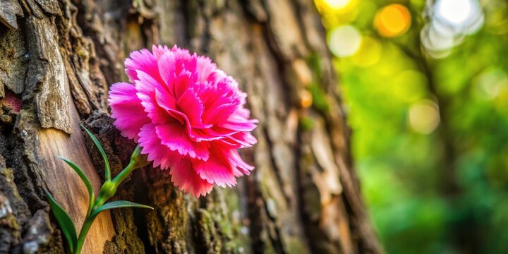 Drone captures a pink flower, air plant, and carnation clinging to a tree, parasitic plant visible, background blurred.